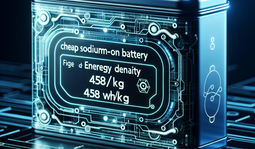 "安価なナトリウムイオン電池のエネルギー密度458 Wh/kgを示す画像 - 革新的技術と持続可能な未来を象徴するビジュアル"